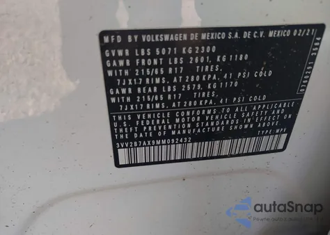 2021 Volkswagen Tiguan 2.0T Se/2.0T Se R-Line Black/2.0T Sel из США, поврежденный, VIN 3VV2B7AX9MM092432